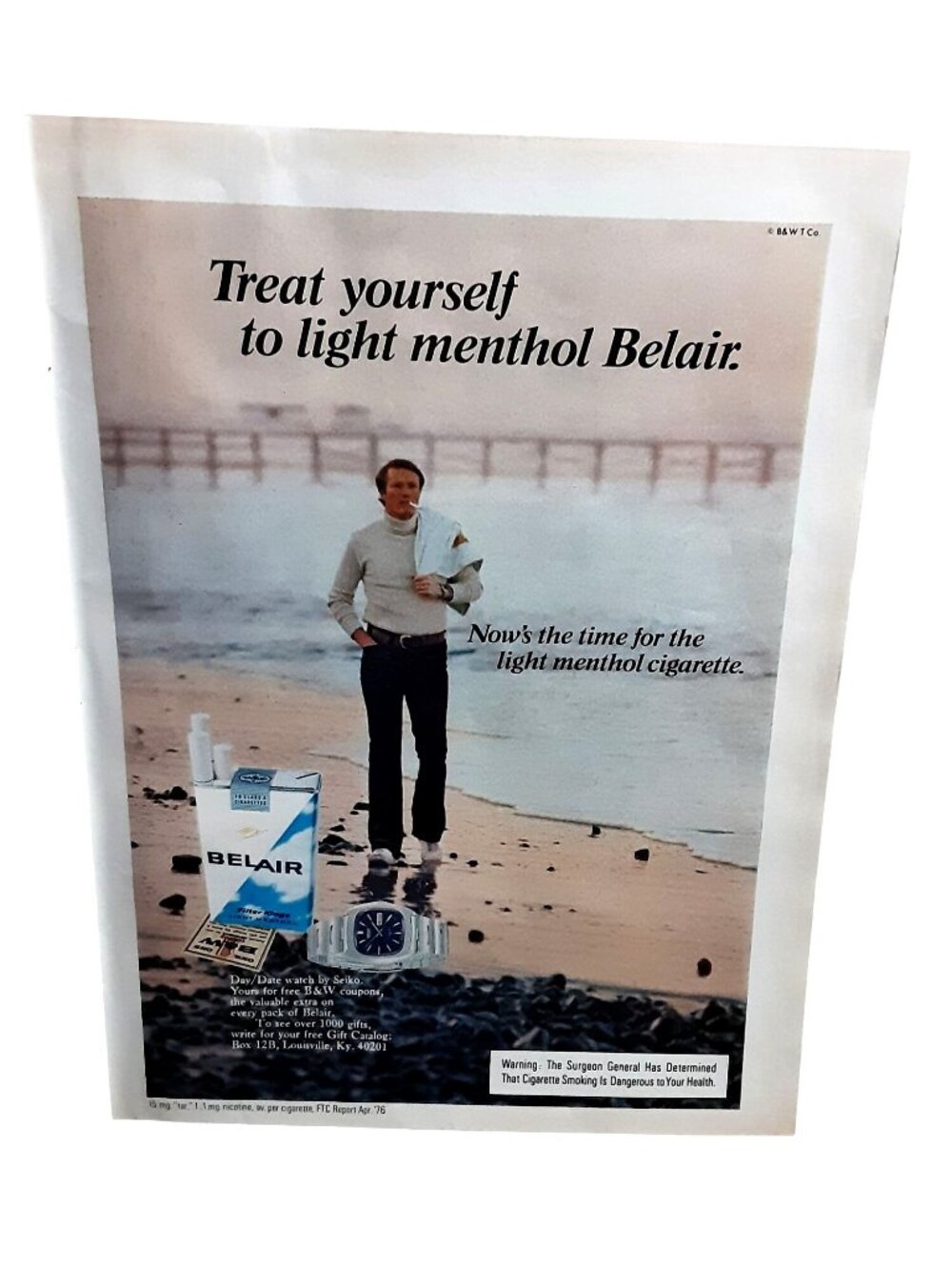 1976 Belair Menthol Cigarette Ad Seiko Day Date Watch Offer Vintage Print
